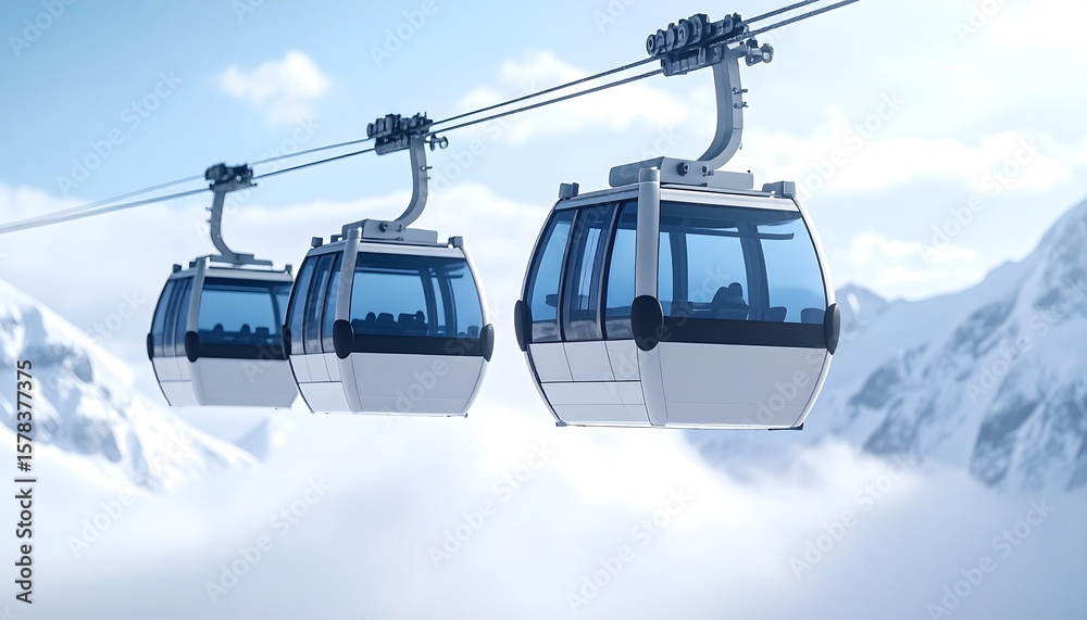 Riding Cable Cars Above Snowy Mountain Peaks on a Clear Day Riding Cable Cars Above Snowy Mountain Peaks on a Clear Day