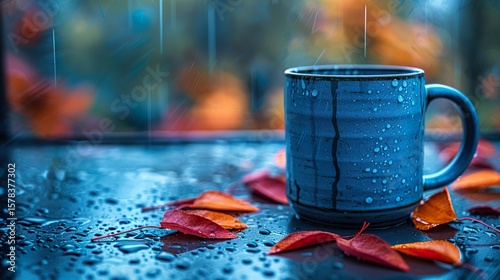 Cozy Autumn Scene with Mug and Colorful Leaves by Rainy Window for Seasonal Comfort and Fall Atmosphere Design

