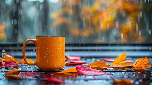 Cozy Autumn Scene with Mug and Colorful Leaves by Rainy Window for Seasonal Comfort and Fall Atmosphere Design

