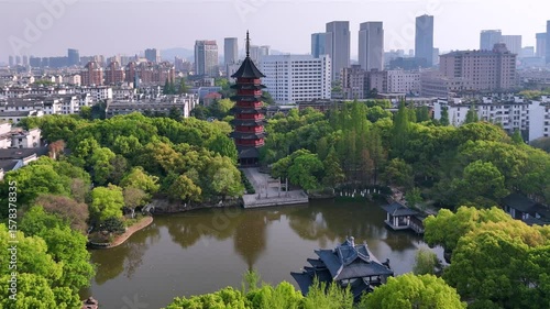 Aerial view of Feiying Tower in Huzhou City, Zhejiang Province, China