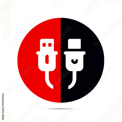 illustration of a circular usb connection icon with cables inside, showing a contrasting red and black color division