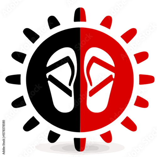a circular icon showing flip-flops inside a sun motif, split between black and red