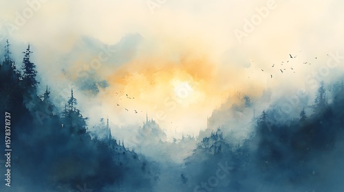 Misty sunrise mountain valley landscape