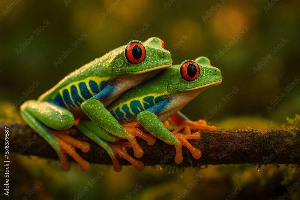 Fototapeta premium Two red eyed tree frogs relaxing on a branch in the rainforest