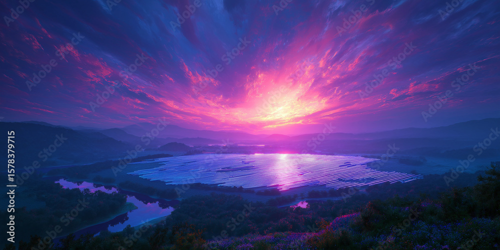 Naklejka premium Vivid sunset above a scenic landscape and solar panel array