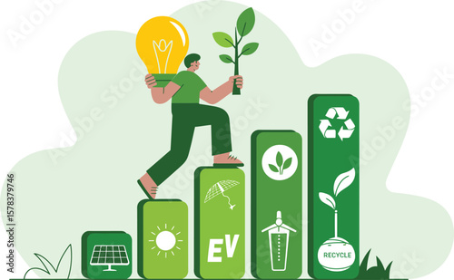 Person climbing green bar graph with eco friendly symbols and lightbulb representing sustainable future ai generated vector design