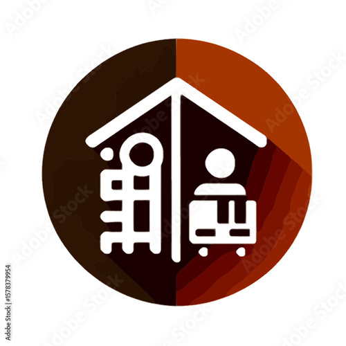 circular icon showing a stylized house divided into dark and reddish brown, containing small human figures inside
