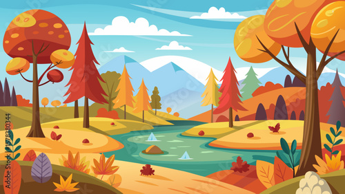Vibrant autumn landscape with winding river and snow capped mountains