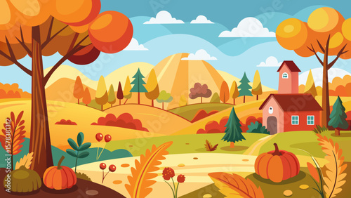 Charming autumn landscape with a cozy house and pumpkins under colorful trees