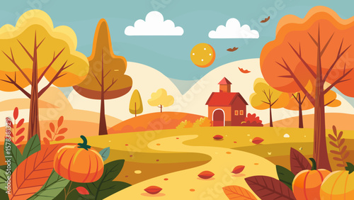 Charming autumn landscape with pumpkins a cozy house and colorful trees