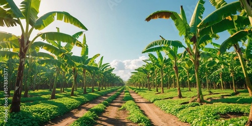 Banana Plantation Under the Sun: A vast banana plantation extends towards the horizon. Under a clear blue sky, rows of vibrant green banana trees create a mesmerizing pattern.