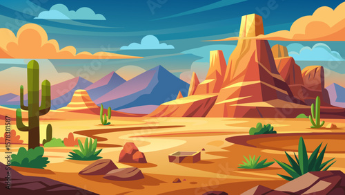 Vibrant desert landscape with saguaro cacti and sandstone formations at sunset
