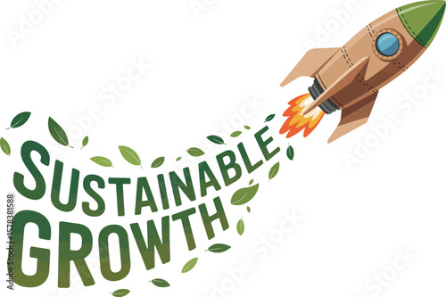 Rocket launching with sustainable growth text and green leaves trailing behind it ai generated vector design