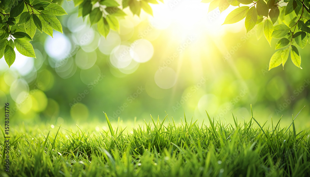 Fototapeta premium Green grass with sun rays and leaves in natural bright bokeh background creating fresh mood