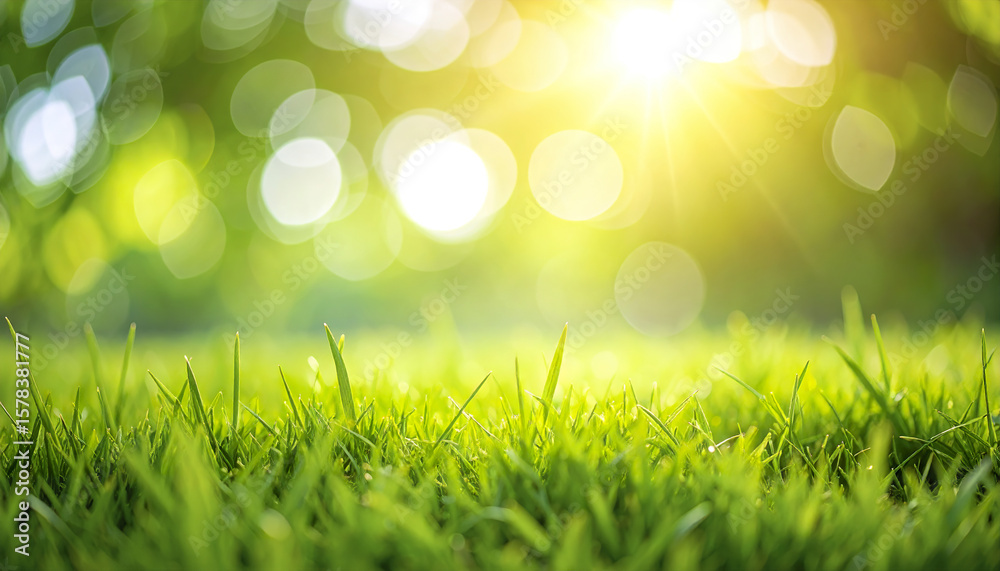 Fototapeta premium Green grass with sunlight and natural bokeh background creating warm and peaceful atmosphere