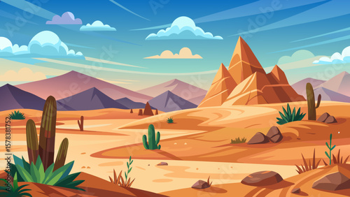 Vibrant cartoon desert landscape with cacti and mountains under a blue sky