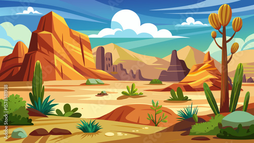 Vibrant cartoon desert landscape with mesas cacti and a bright blue sky