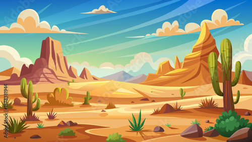 Vibrant cartoon desert landscape with saguaro cacti and sandstone mesas under a blue sky