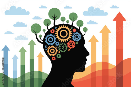 Silhouette of a human head filled with colorful gears and growing trees symbolizing innovation and progress ai generated vector design