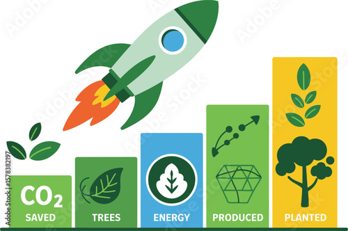 Rocket launch symbolizing growth in co2 savings trees energy production and planting ai generated vector design