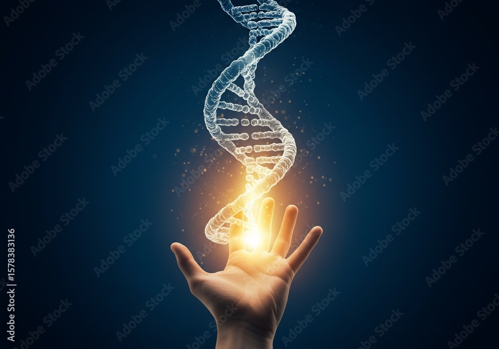 Obraz premium Glowing DNA Helix Above Open Hand Against Dark Blue Background