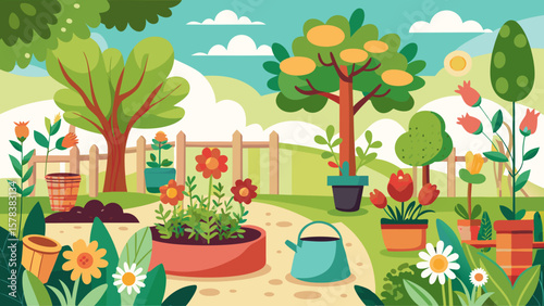 Vibrant cartoon garden scene with blooming flowers trees and watering can