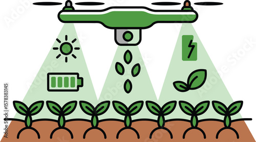 Smart farming drone monitors crops sunlight battery and energy for efficient agriculture ai generated vector design