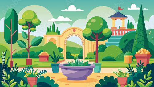 Vibrant cartoon garden with ornate archway and gazebo on a sunny day