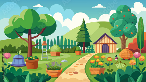 Charming cartoon garden scene with a small house trees flowers and gardening tools