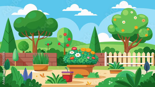 Vibrant cartoon garden scene with blooming flowers trees and a white picket fence