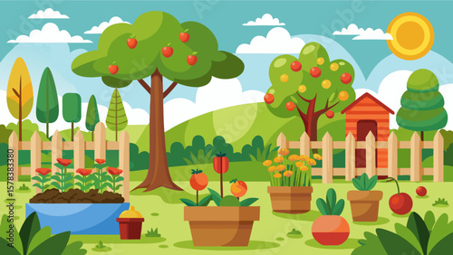 Vibrant cartoon garden scene with apple trees flowers and a small red shed