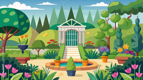 Beautiful manicured garden with a classical gazebo and fountain