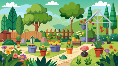 Vibrant cartoon garden scene with potted flowers trees and greenhouse