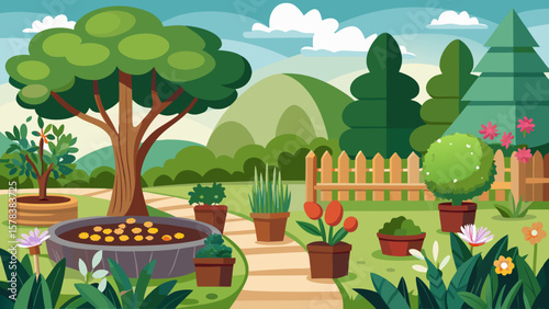 Vibrant cartoon garden with a large tree pond potted plants and rolling hills