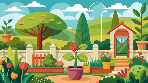 Vibrant cartoon garden scene with blooming flowers fruit tree and garden shed