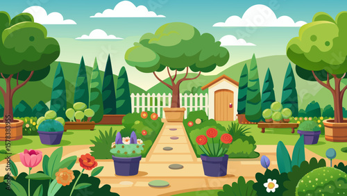 Beautifully manicured garden with a stone path leading to a small shed