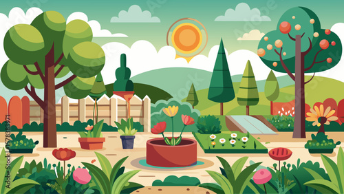 Vibrant cartoon garden scene with blooming flowers trees and a sunny sky