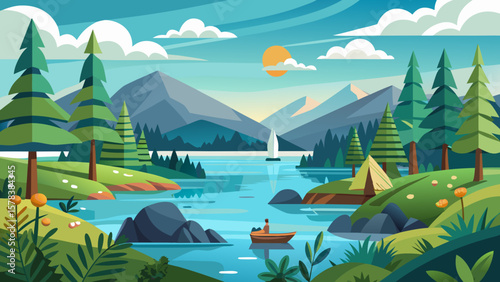 Serene mountain lake landscape with sailboat and canoeist at sunrise