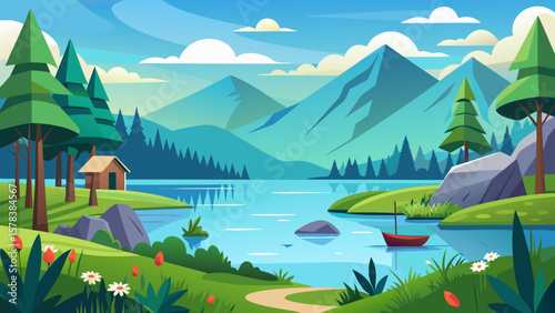 Peaceful mountain lake scene with a small cabin and rowboat