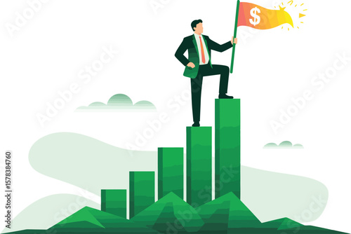 Successful businessman standing on top of growing green bar chart holding dollar flag ai generated vector design