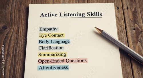 Closeup of notepad with active listening skills checklist on wood desk including empathy eye contact body language summarizing communication tips