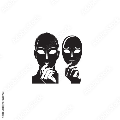 Mask Held Beside Real Face Silhouette on White Background – Vector Illustration for Identity Duality, Emotional Authenticity, and Symbolic Self-Expression Concepts