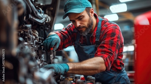 Truck Maintenance: Mechanic Performing Engine Check and Repairs