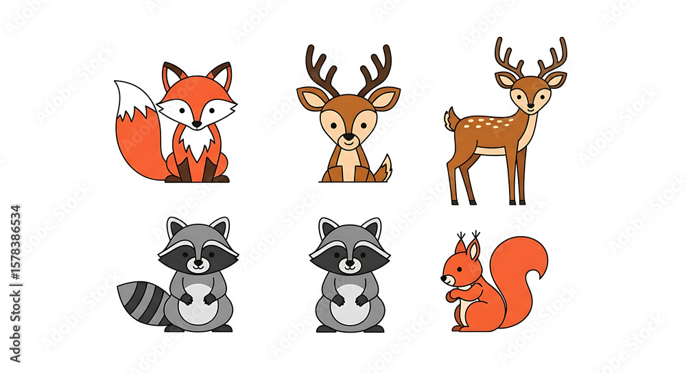 Obraz premium Cartoon Forest Friends: A Cute Collection of Woodland Creatures, Whimsical Wildlife Illustrations for Children's Designs and Nature Themes