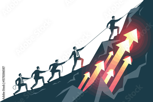 Teamwork and collaboration businessmen climbing a mountain together pulled by upward growth arrows ai generated vector design