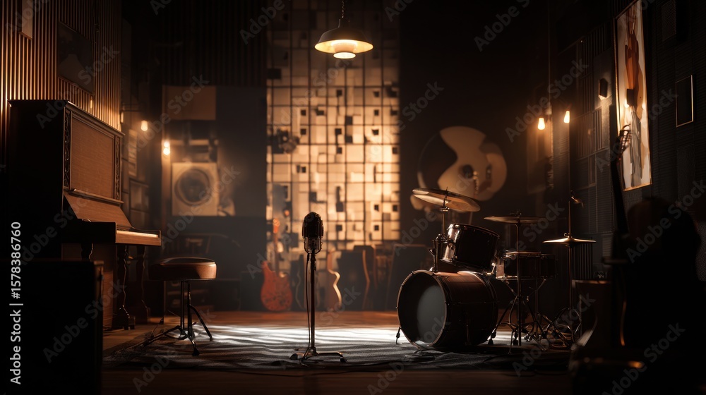 Naklejka premium Vintage Music Studio with Drum Set, Upright Piano and Warm Ambient Lighting