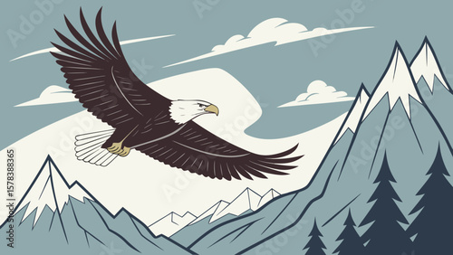 Eagle soaring above a mountain range with snow capped peaks and evergreen trees in a daytime sky