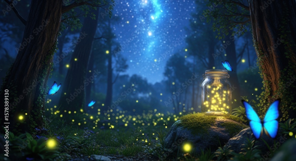 Obraz premium Enchanting Forest Scene with Fireflies and Butterflies Under a Starry Night Sky