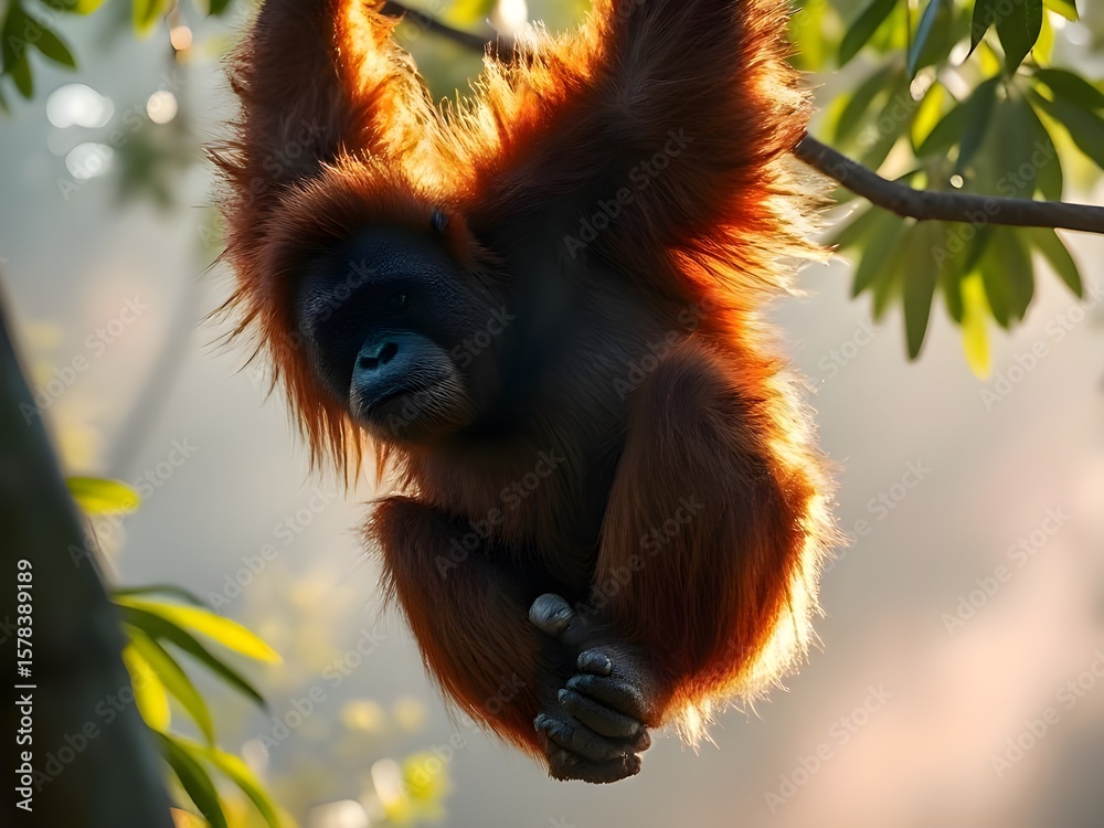 Naklejka premium Orangutans are hanging between the trees
