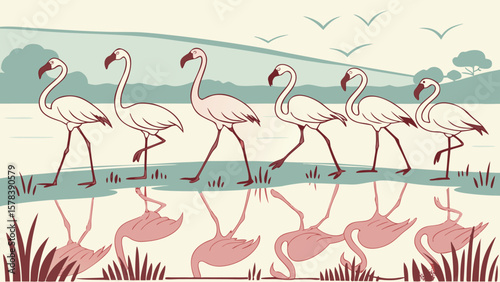 A line of flamingos walking near water with their reflections and birds flying overhead in the sky